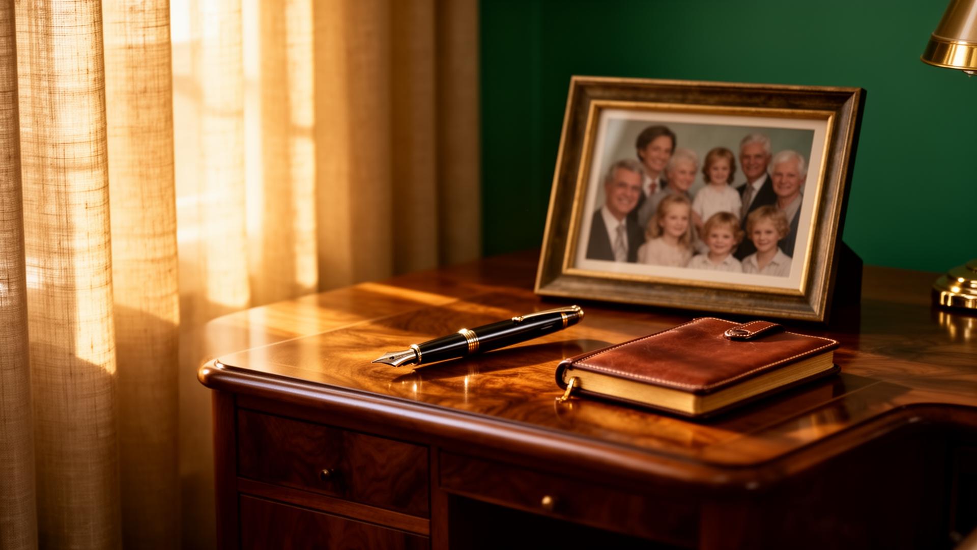 Heirloom desk with fountain pen, leather journal, and framed multi-generational family portrait in golden light