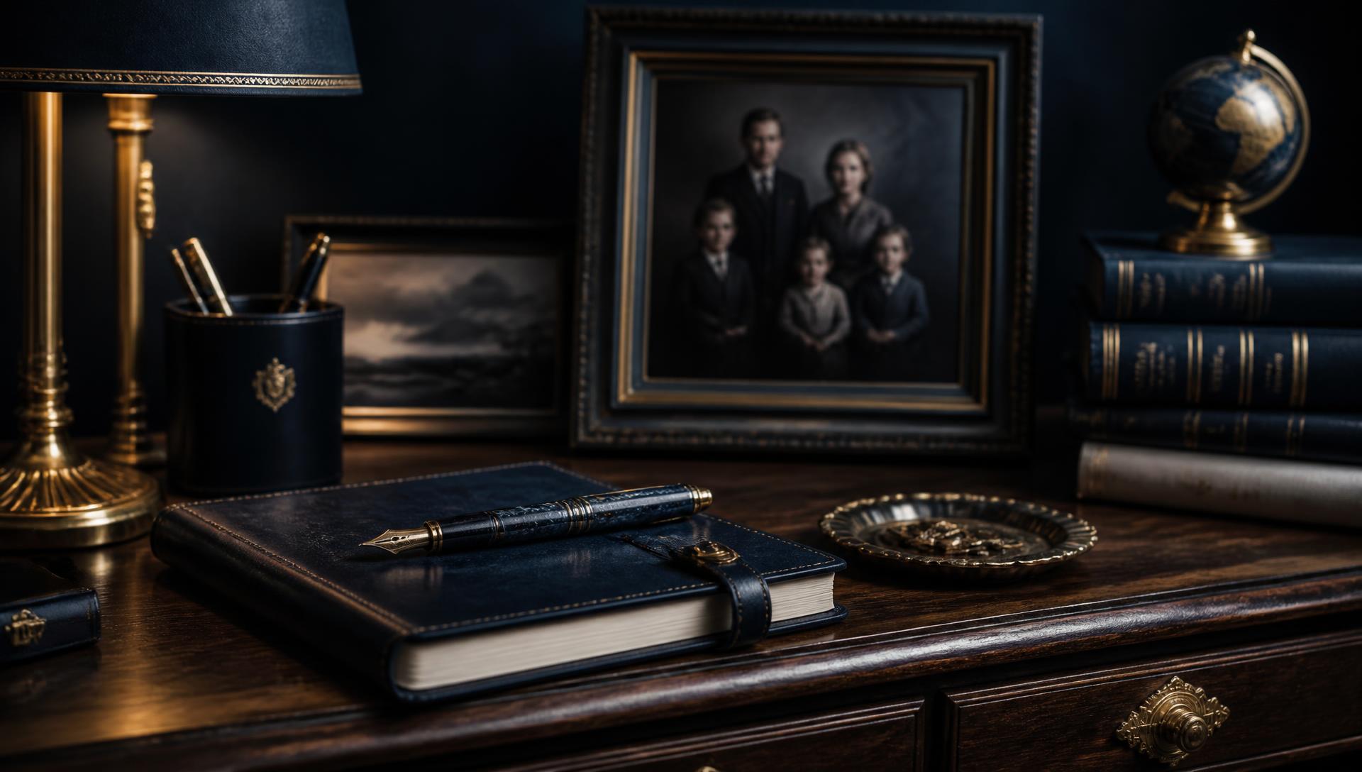 Heirloom desk with fountain pen, leather journal, and framed multi-generational family portrait in golden light